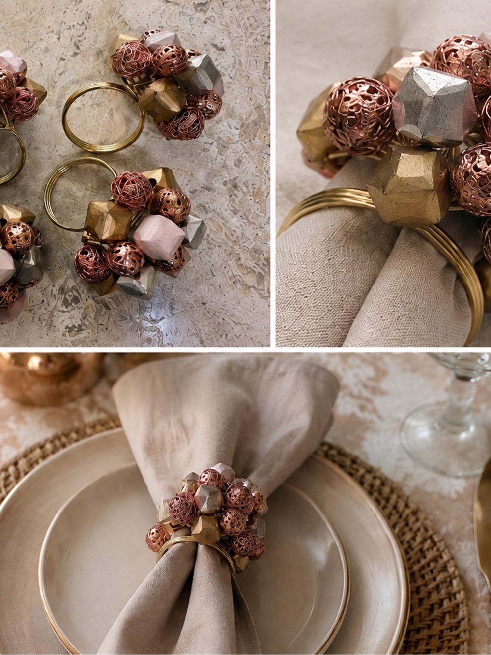 Elegant Artisan Napkins Rings Metal Wooden Beads